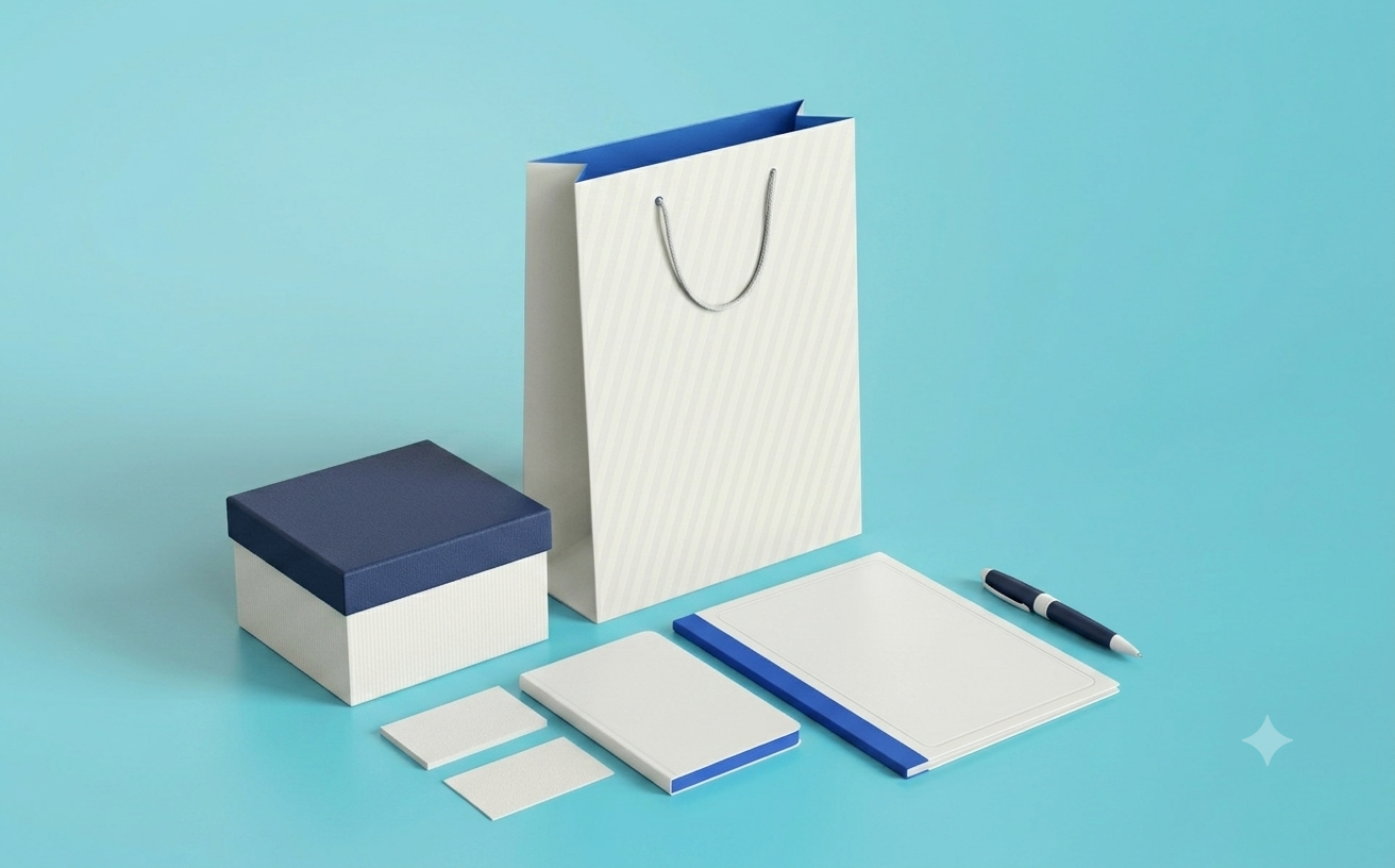 Kit corporativo institucional — sacola, caixa e materiais de marca personalizados
